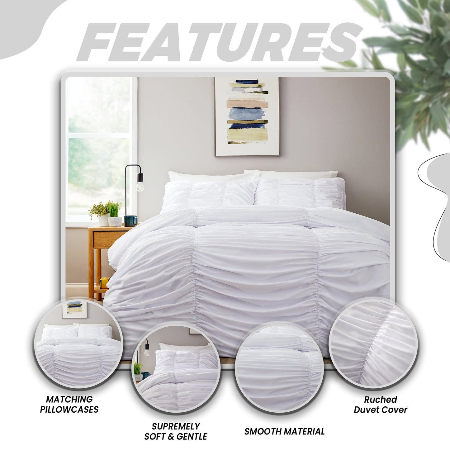 Ruched White Microfibre Duvet Cover Set with Pillowcases Ruffle Bedding Super Soft Easy Care Quilt Bed Linen by OLIVIA ROCCO