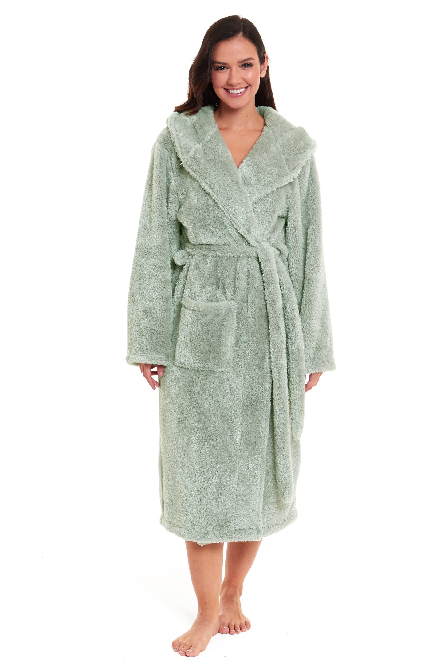 Women's Sage Green Snuggle Fleece Touch Hooded Robe Luxurious Soft Loungewear Cosy Durable Dressing Gown UK Sizes 8-22 by Daisy Dreamer