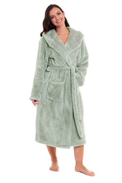 Women's Sage Green Snuggle Fleece Touch Hooded Robe Luxurious Soft Loungewear Cosy Durable Dressing Gown UK Sizes 8-22 by Daisy Dreamer