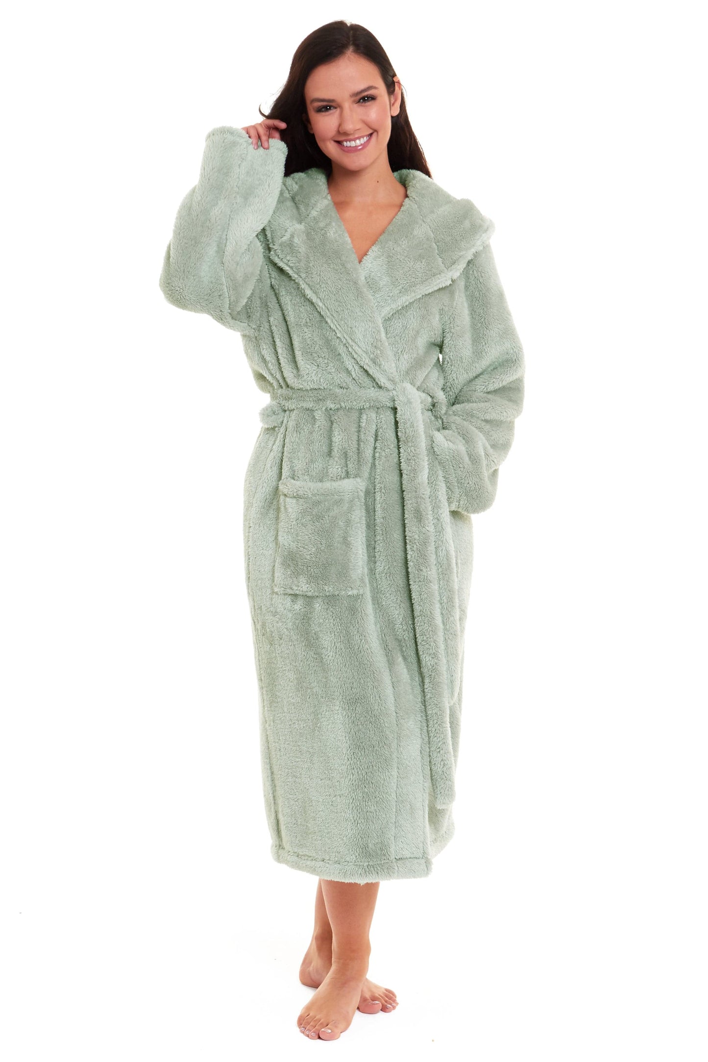 Women's Sage Green Snuggle Fleece Touch Hooded Robe Luxurious Soft Loungewear Cosy Durable Dressing Gown UK Sizes 8-22 by Daisy Dreamer