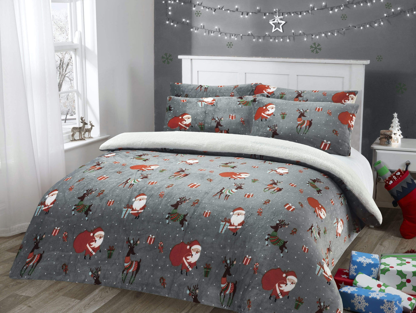 Santa Christmas Presents Reversible Teddy Fleece Duvet Cover Set Luxurious Faux Fur Bedding, Warm and Cozy Holiday Comfort OEKO-TEX Certified by OLIVIA ROCCO