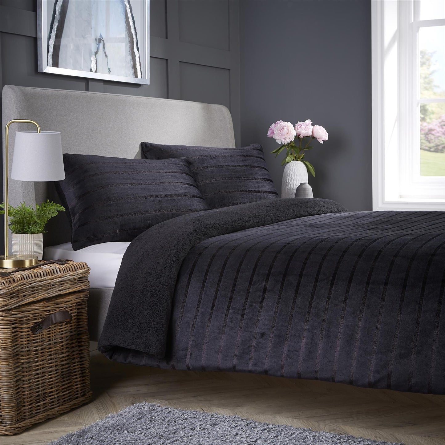 Satin Stripe Reversible Faux Fur Teddy Duvet Cover Set Super Soft Plush Bedding for Winter Available in Single Double and King Sizes by OLIVIA ROCCO