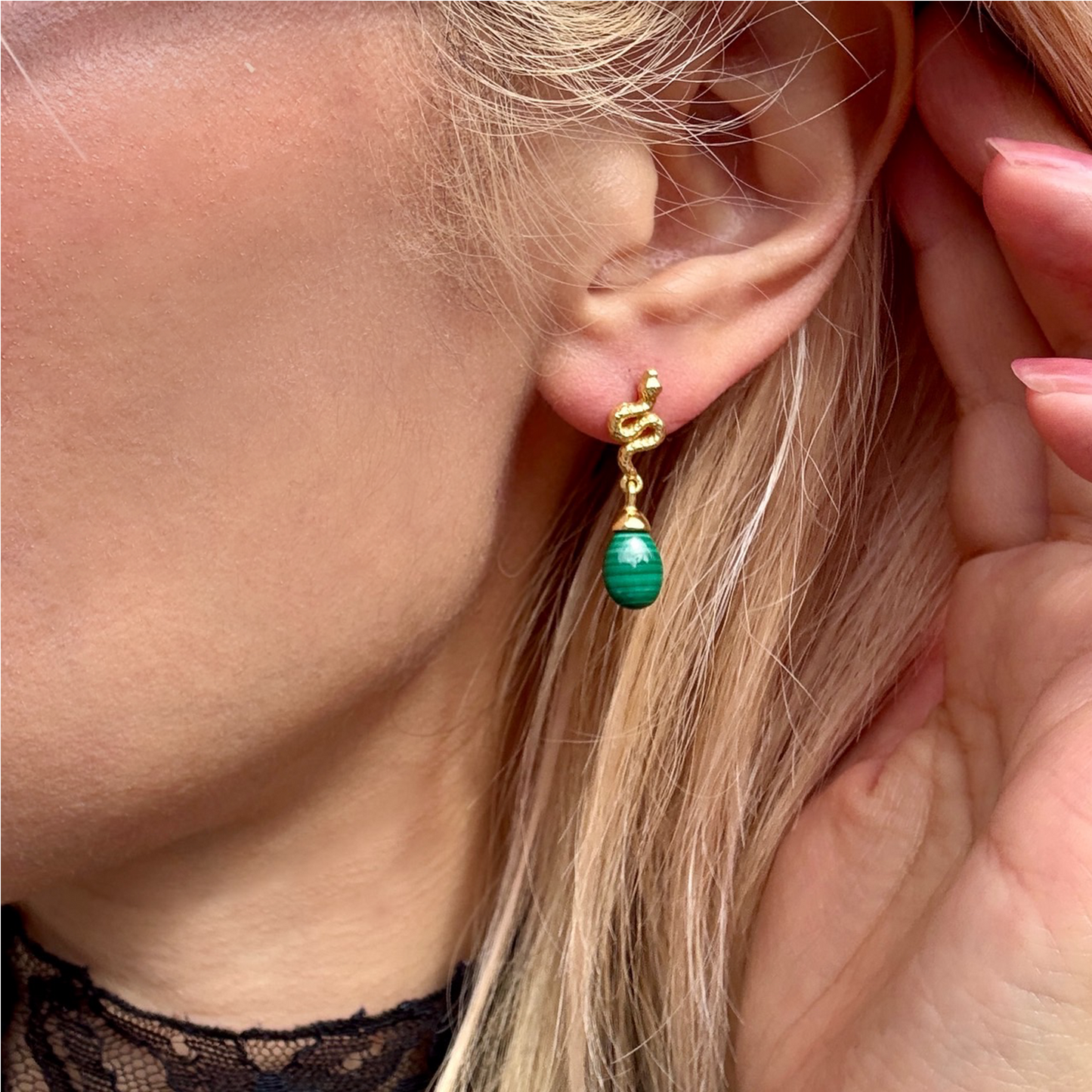 Medusa Small Gemstone Drop Earrings Malachite
