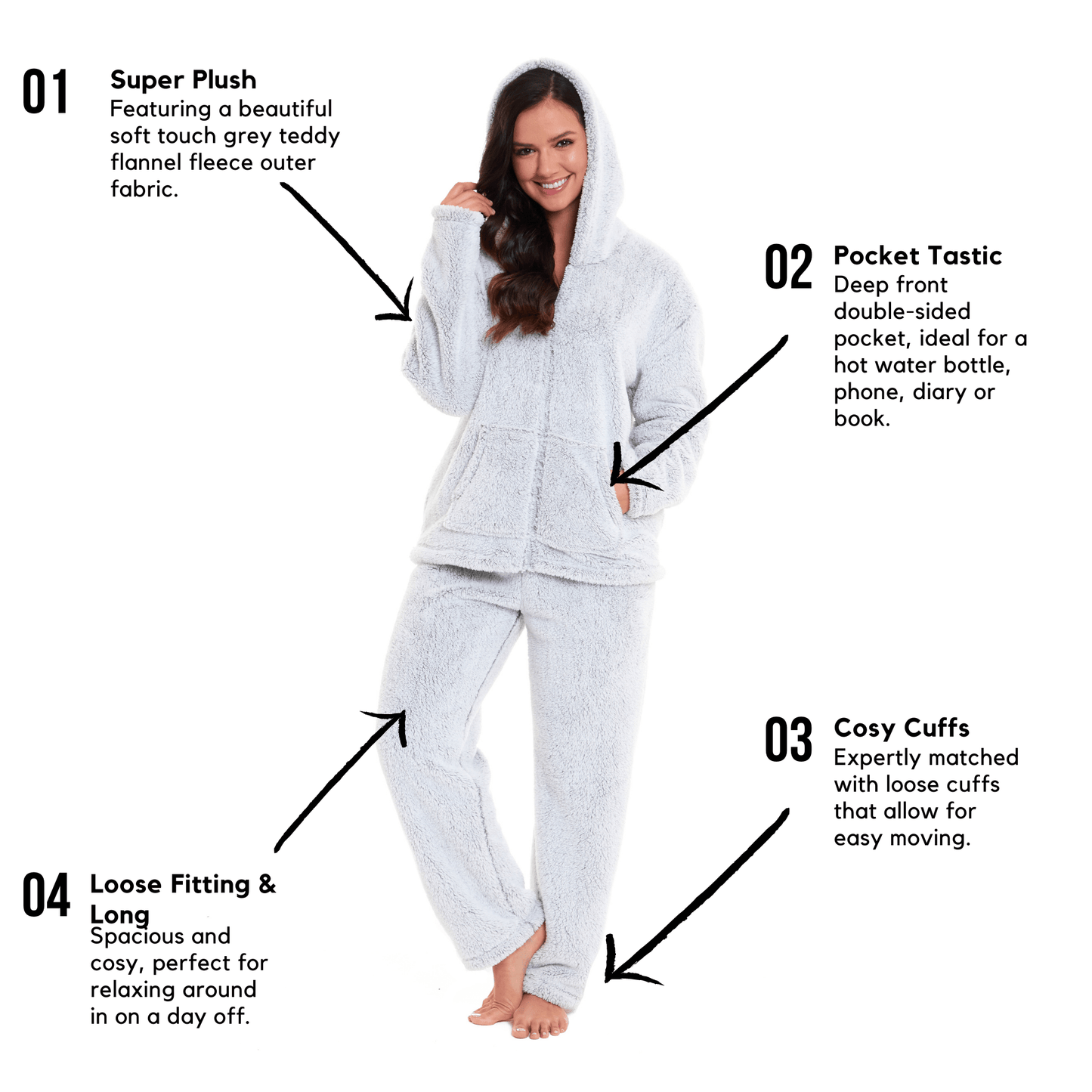 Soft Grey Plush Fleece Hooded Pyjama Set with Zipped Front for Winter Loungewear Ultra-Warm Teddy Fabric Sleepwear Multiple Sizes by Daisy Dreamer