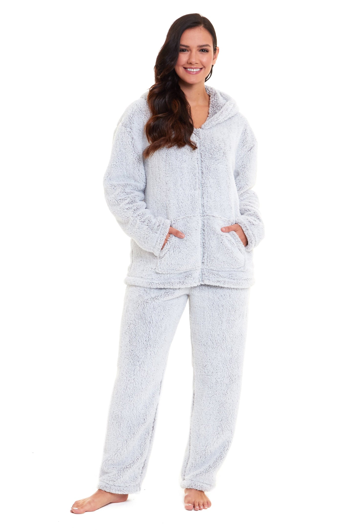 Soft Grey Plush Fleece Hooded Pyjama Set with Zipped Front for Winter Loungewear Ultra-Warm Teddy Fabric Sleepwear Multiple Sizes by Daisy Dreamer