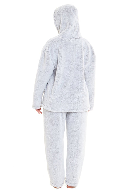 Soft Grey Plush Fleece Hooded Pyjama Set with Zipped Front for Winter Loungewear Ultra-Warm Teddy Fabric Sleepwear Multiple Sizes by Daisy Dreamer
