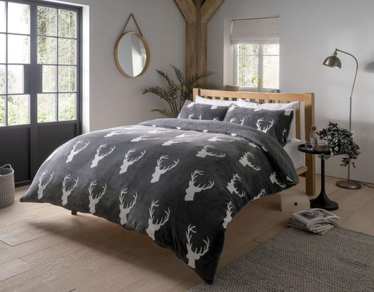 Stag Reversible Teddy Faux Fur Fleece Duvet Set Super Soft Charcoal Grey Warm Bedding OEKO-TEX Certified Available in Single Double King Sizes by OLIVIA ROCCO