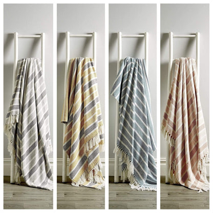 Stripe Handwoven Pure Cotton Throw Blanket with Tassells Eco-Friendly Perfect for Sofa Bed and Home Decor Available in Multiple Sizes and Calming Colours by OLIVIA ROCCO