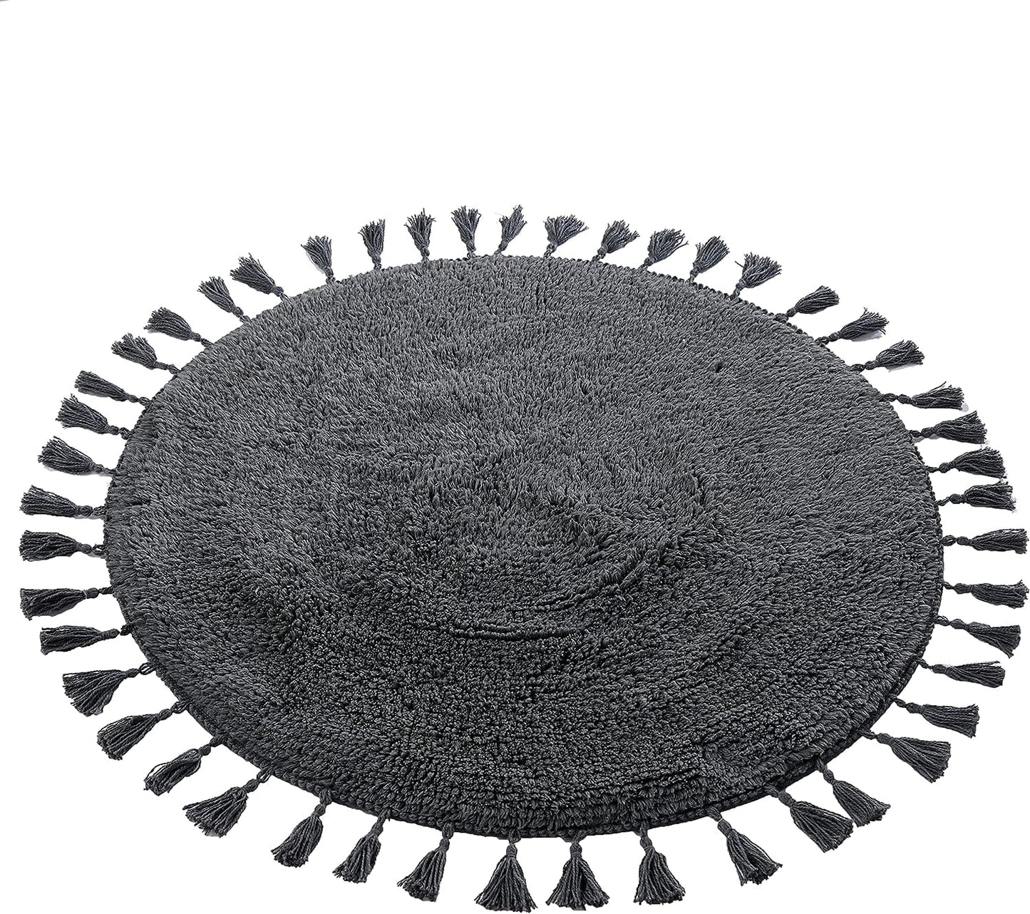 Super Soft Absorbent Non-Slip Round Tasselled Bath Mat 100% Cotton Bathroom Rug in Duck Egg Grey Natural and White by OLIVIA ROCCO