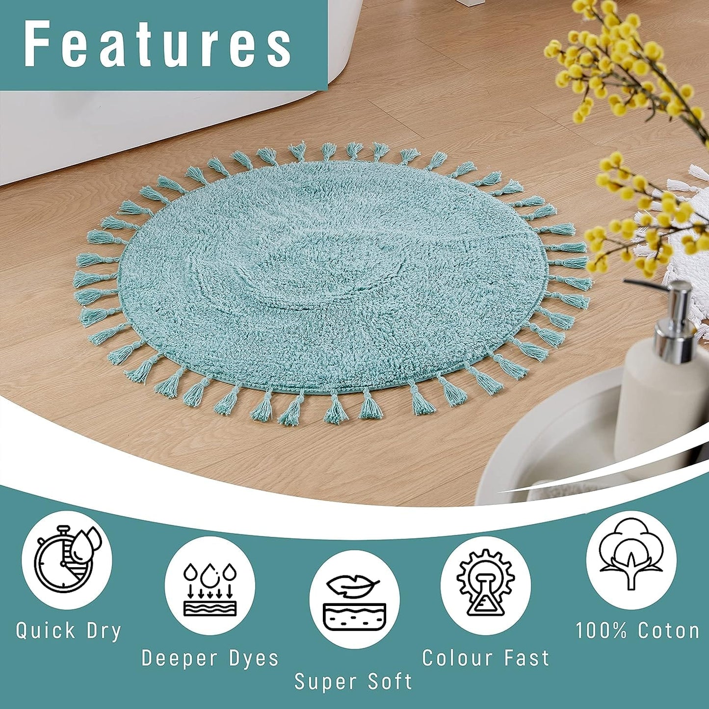 Super Soft Absorbent Non-Slip Round Tasselled Bath Mat 100% Cotton Bathroom Rug in Duck Egg Grey Natural and White by OLIVIA ROCCO