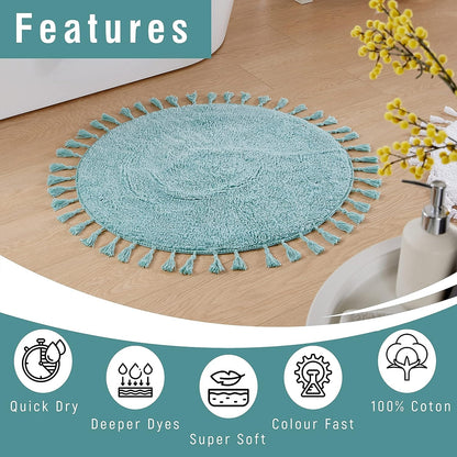 Super Soft Absorbent Non-Slip Round Tasselled Bath Mat 100% Cotton Bathroom Rug in Duck Egg Grey Natural and White by OLIVIA ROCCO