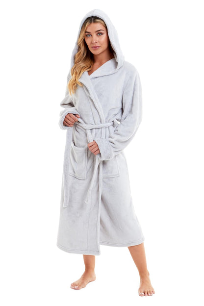 Super Soft Women's Faux Fur Hooded Bathrobe Plush Fleece Ultra-Absorbent Dressing Gown for Home Spa Gym Hotel in Pink or Grey Sizes S-XL by Daisy Dreamer