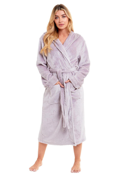 Super Soft Women's Faux Fur Hooded Bathrobe Plush Fleece Ultra-Absorbent Dressing Gown for Home Spa Gym Hotel in Pink or Grey Sizes S-XL by Daisy Dreamer