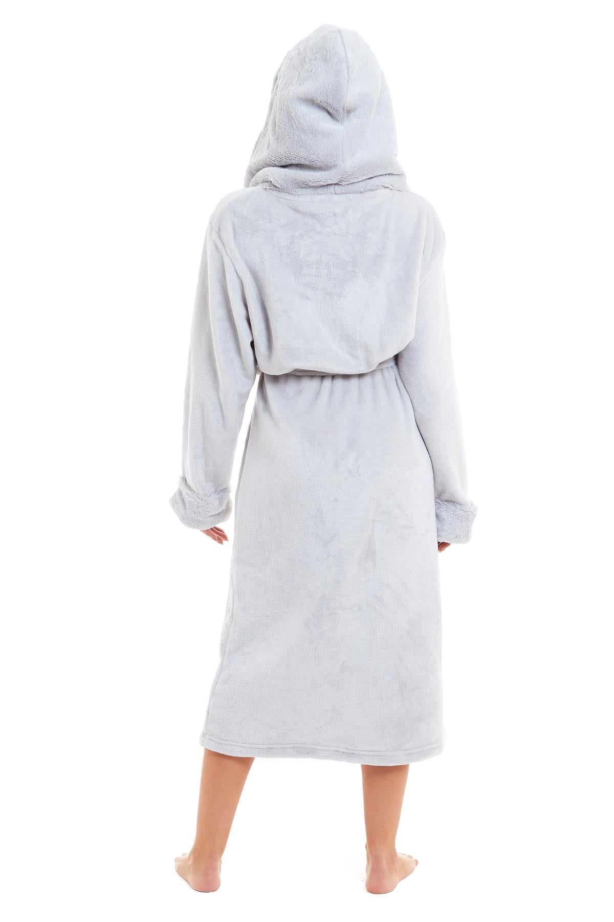 Super Soft Women's Faux Fur Hooded Bathrobe Plush Fleece Ultra-Absorbent Dressing Gown for Home Spa Gym Hotel in Pink or Grey Sizes S-XL by Daisy Dreamer