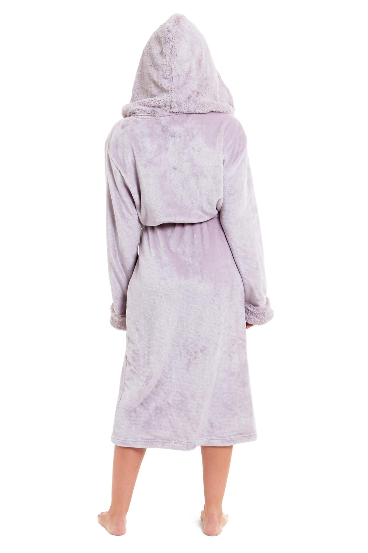 Super Soft Women's Faux Fur Hooded Bathrobe Plush Fleece Ultra-Absorbent Dressing Gown for Home Spa Gym Hotel in Pink or Grey Sizes S-XL by Daisy Dreamer