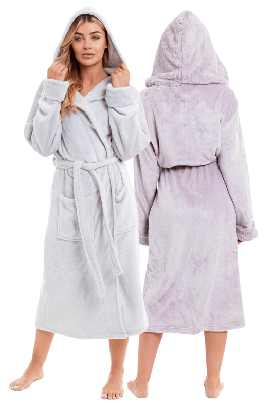 Super Soft Women's Faux Fur Hooded Bathrobe Plush Fleece Ultra-Absorbent Dressing Gown for Home Spa Gym Hotel in Pink or Grey Sizes S-XL by Daisy Dreamer