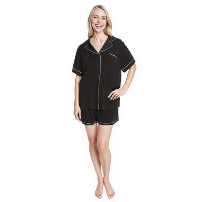 Women's Black Short Pyjama Set Super Soft Sleepwear Nightwear Button Up Top and Shorts with Pockets PJs by Daisy Dreamer
