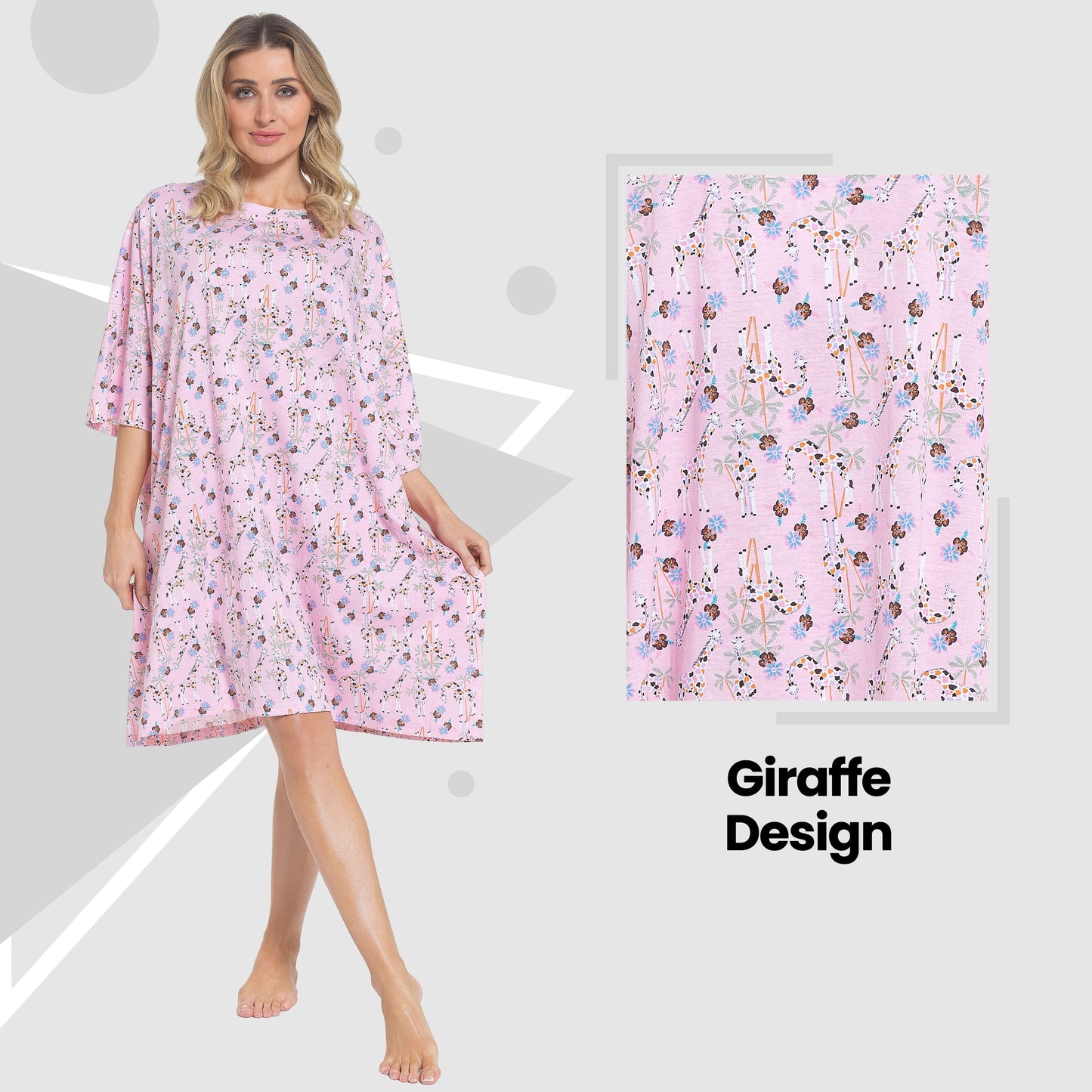 Women's Giraffe Baggy Nighty Dress Oversized T-Shirt Nighties 100% Cotton Short Sleeved Nightshirt for Ladies by Daisy Dreamer