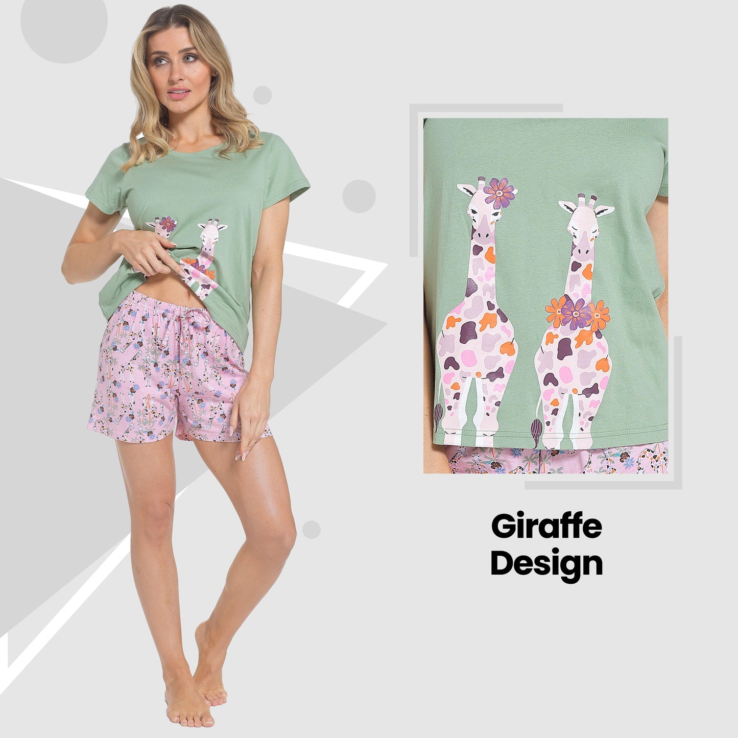 Women's Giraffe Pyjama Set T-Shirt & Shorts PJs Soft Cotton Loungewear Summer Holiday Sleepwear by Daisy Dreamer