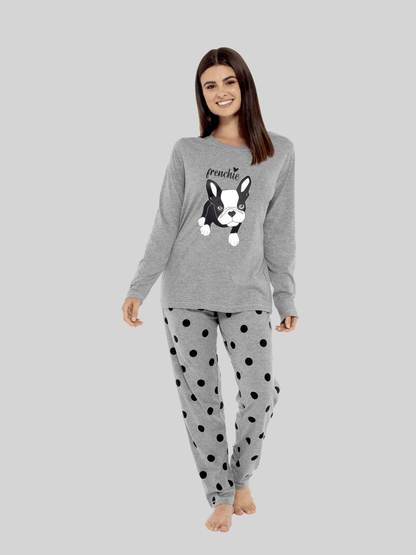 Women's Grey Cotton Pyjama Set with Polka Dot Pants and Frenchie Pugs Print, Long Sleeve Top, Comfortable Loungewear, Soft Breathable Fabric, Hypoallergenic, Stylish Sleepwear by Daisy Dreamer