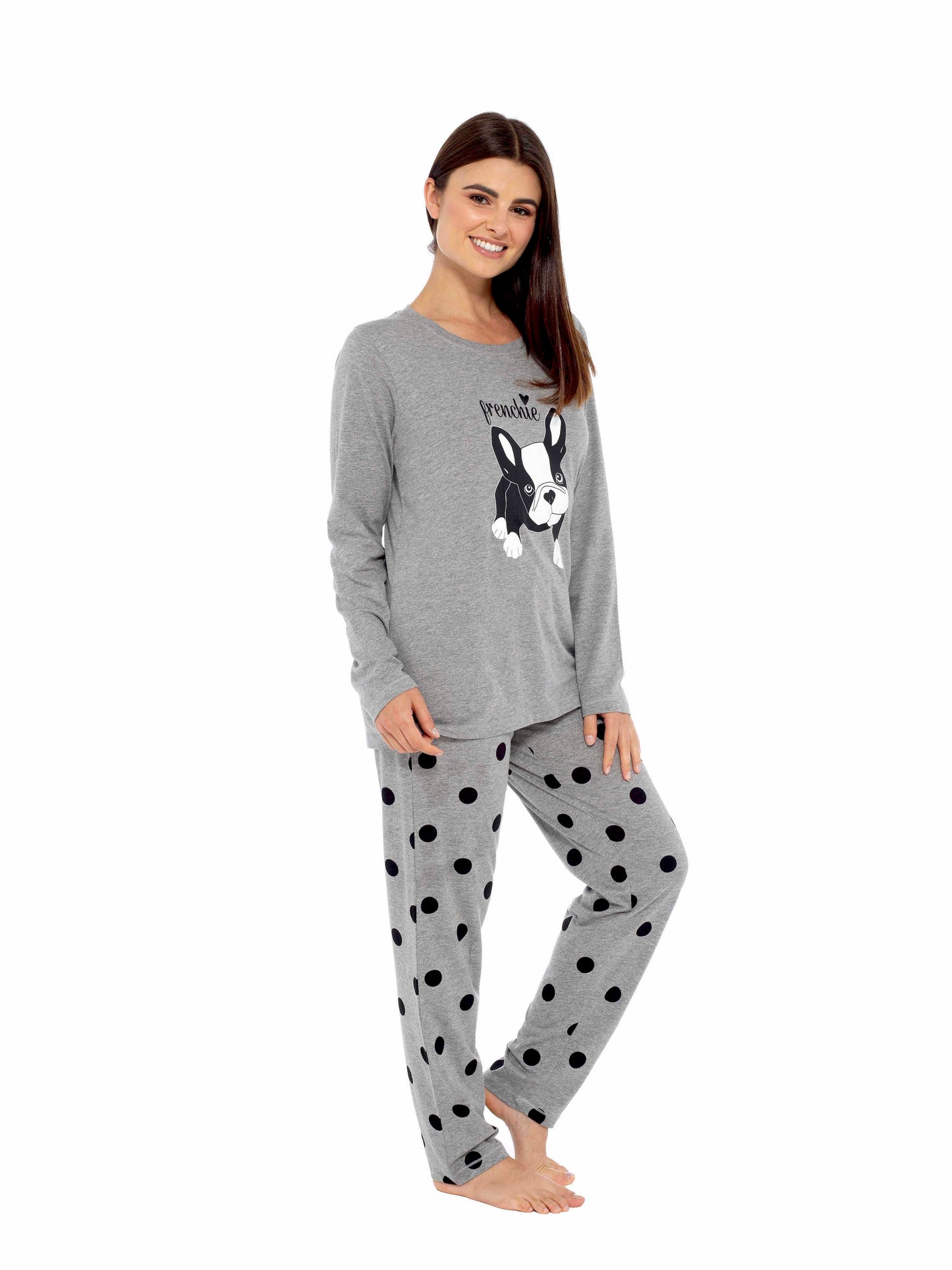 Women's Grey Cotton Pyjama Set with Polka Dot Pants and Frenchie Pugs Print, Long Sleeve Top, Comfortable Loungewear, Soft Breathable Fabric, Hypoallergenic, Stylish Sleepwear by Daisy Dreamer