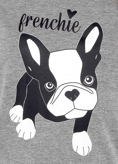 Women's Grey Cotton Pyjama Set with Polka Dot Pants and Frenchie Pugs Print, Long Sleeve Top, Comfortable Loungewear, Soft Breathable Fabric, Hypoallergenic, Stylish Sleepwear by Daisy Dreamer