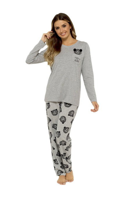 Women's Grey Cotton Pyjama Set with Teddy Bear Design Soft Jersey Long Sleeve Top and Elasticated Bottoms Cosy Breathable Nightwear Loungewear Various Sizes by Daisy Dreamer