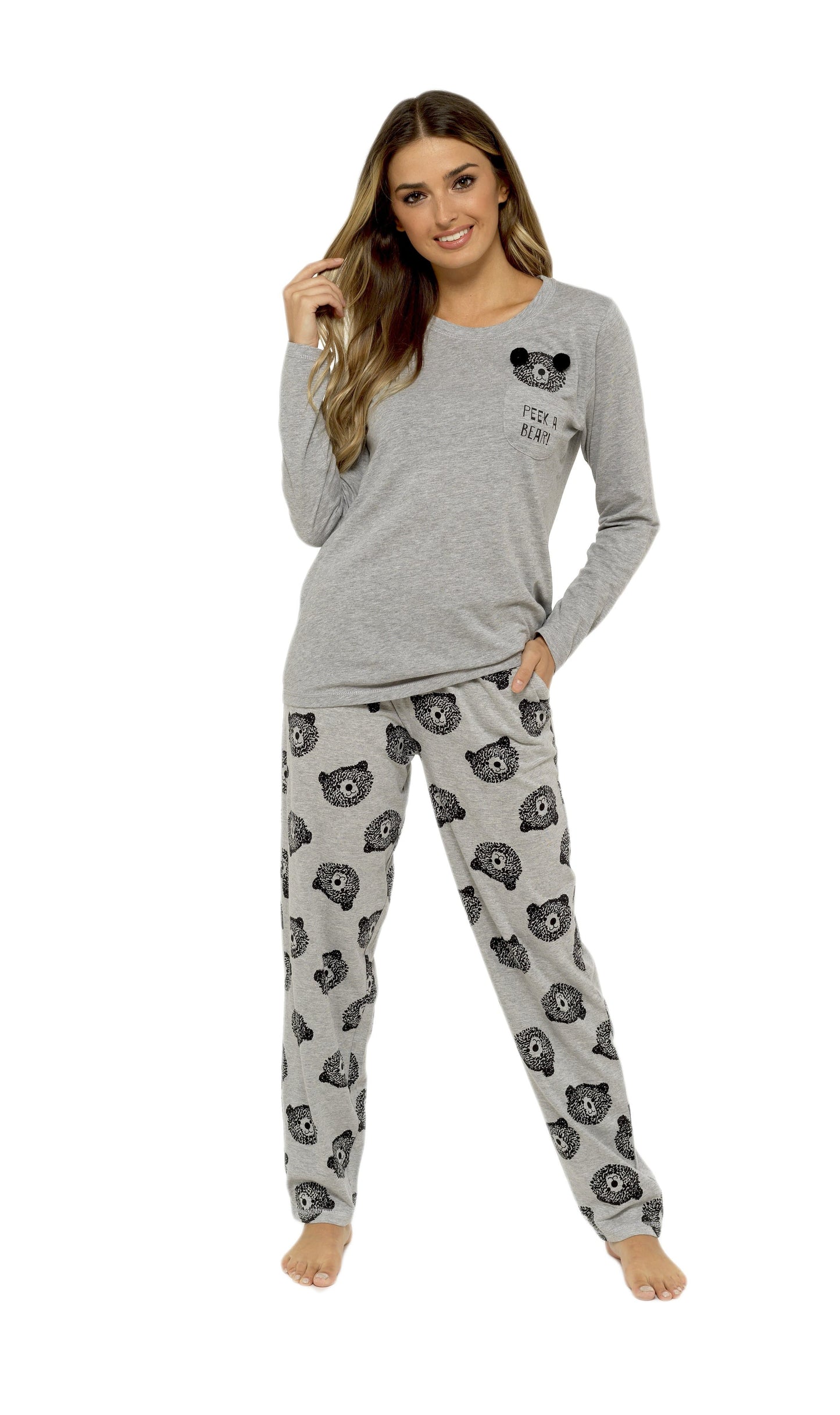 Women's Grey Cotton Pyjama Set with Teddy Bear Design Soft Jersey Long Sleeve Top and Elasticated Bottoms Cosy Breathable Nightwear Loungewear Various Sizes by Daisy Dreamer