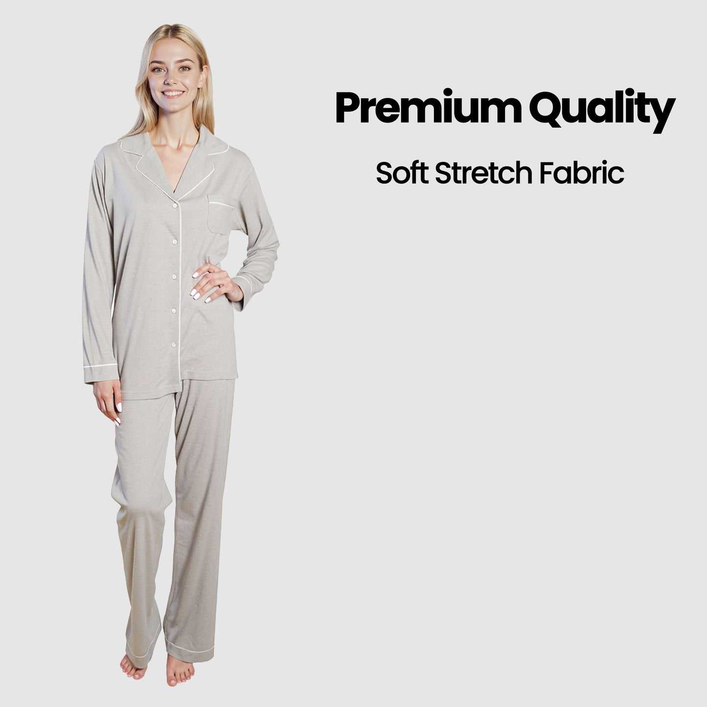 Women's Grey Pyjama Set Soft Touch Long Sleeve Button-Up Top & Bottoms Two-Piece Nightwear by Daisy Dreamer