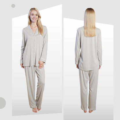 Women's Grey Pyjama Set Soft Touch Long Sleeve Button-Up Top & Bottoms Two-Piece Nightwear by Daisy Dreamer