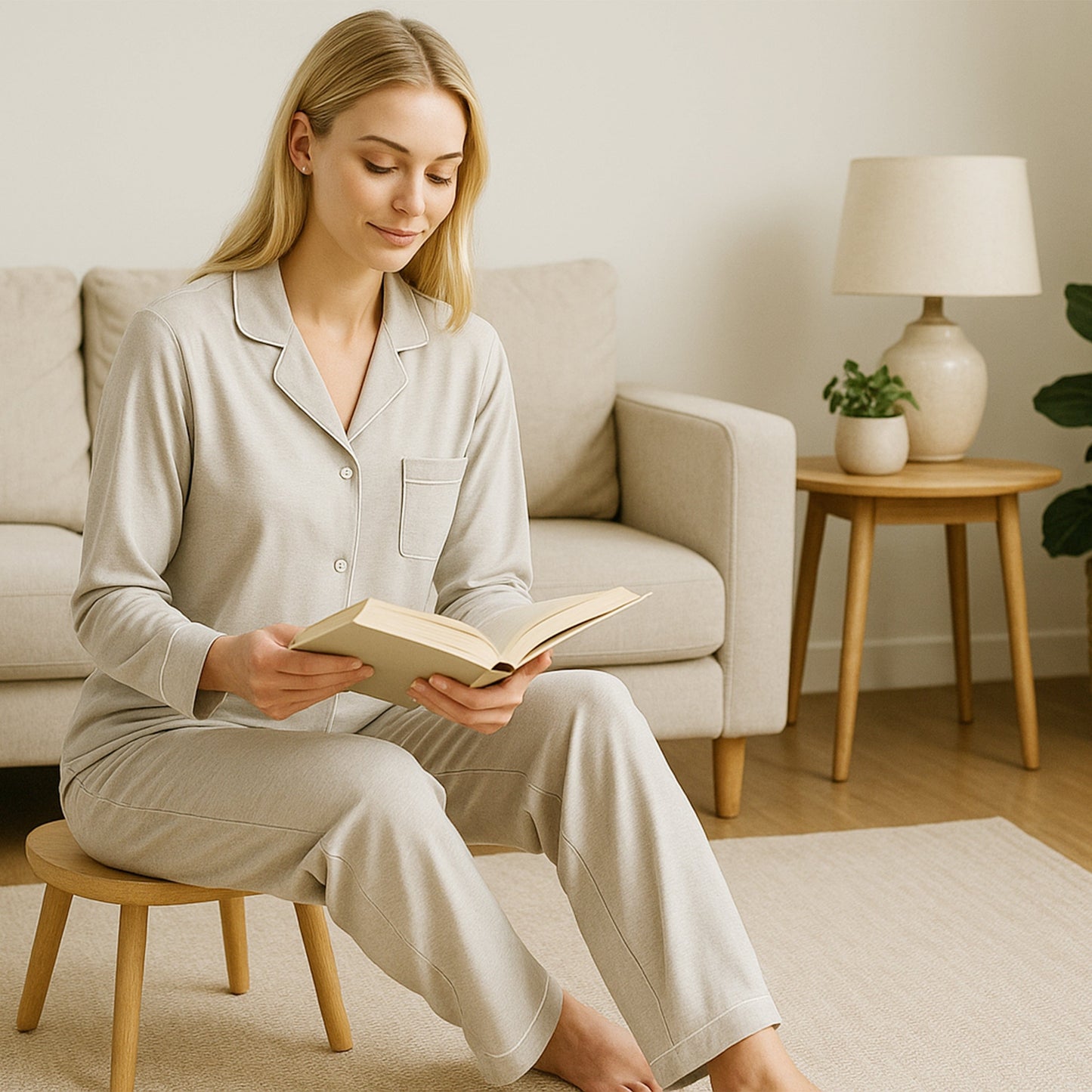 Women's Grey Pyjama Set Soft Touch Long Sleeve Button-Up Top & Bottoms Two-Piece Nightwear by Daisy Dreamer