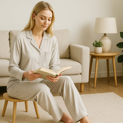 Women's Grey Pyjama Set Soft Touch Long Sleeve Button-Up Top & Bottoms Two-Piece Nightwear by Daisy Dreamer