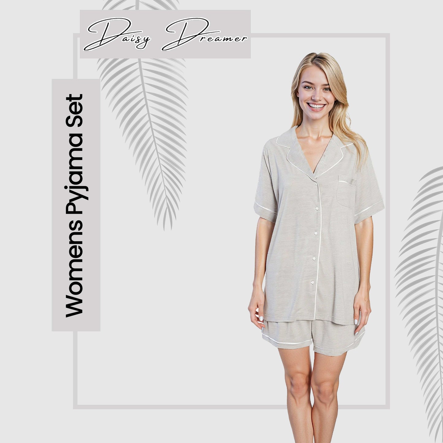 Women's Grey Short Pyjama Set Super Soft Sleepwear Nightwear Button Up Top and Shorts with Pockets PJs by Daisy Dreamer