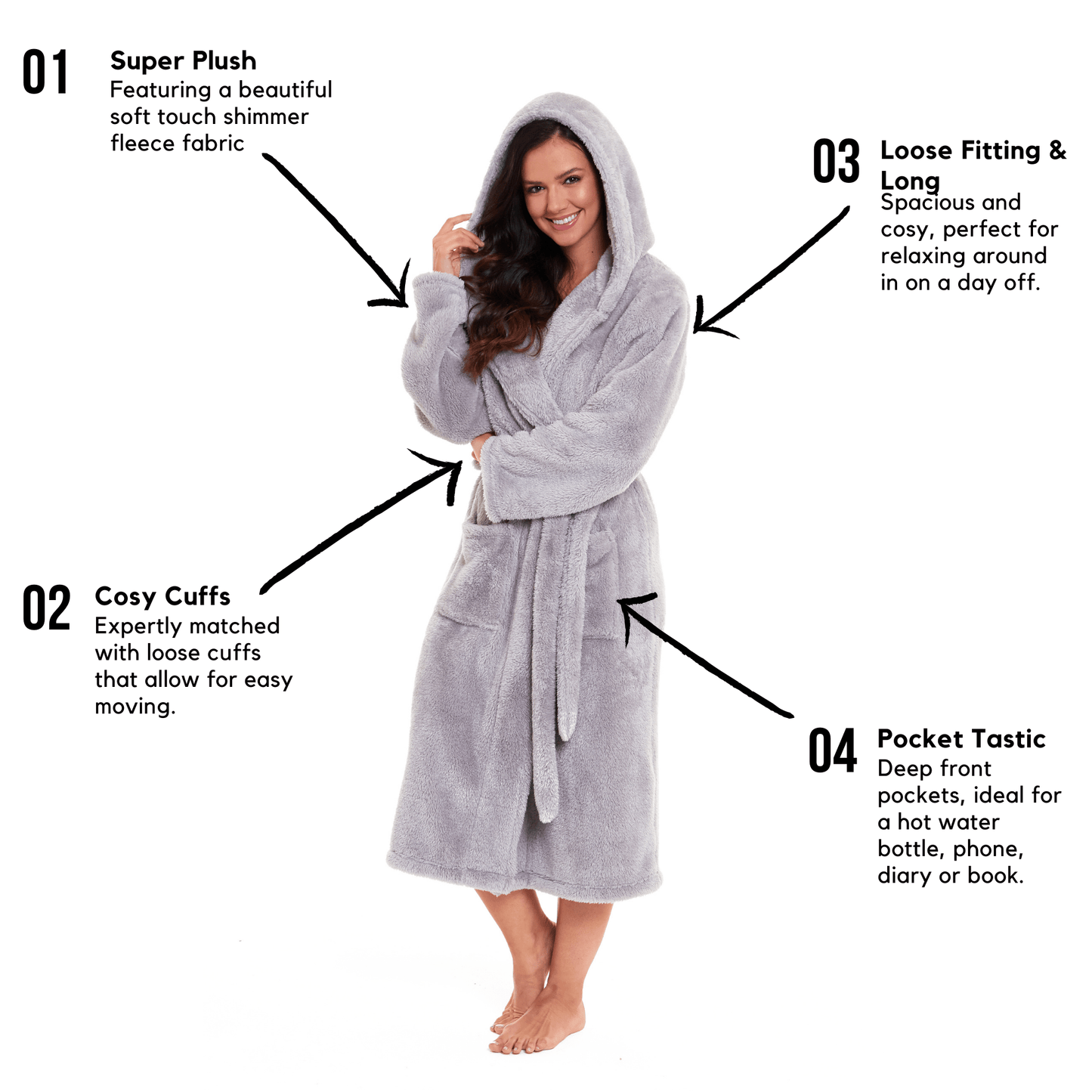 Women's Grey Snuggle Fleece Touch Hooded Robe Luxurious Soft Loungewear Cosy Durable Dressing Gown UK Sizes 8-22 by Daisy Dreamer