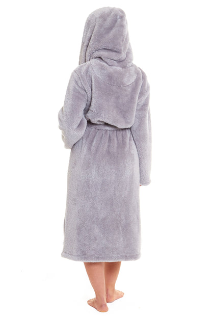 Women's Grey Snuggle Fleece Touch Hooded Robe Luxurious Soft Loungewear Cosy Durable Dressing Gown UK Sizes 8-22 by Daisy Dreamer
