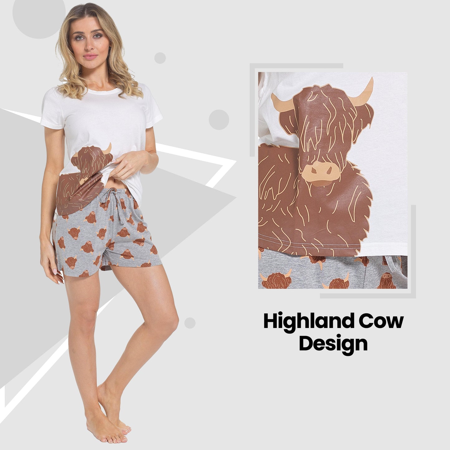 Women's Highland Cow Pyjama Set T-Shirt & Shorts PJs Soft Cotton Loungewear Summer Holiday Sleepwear by Daisy Dreamer