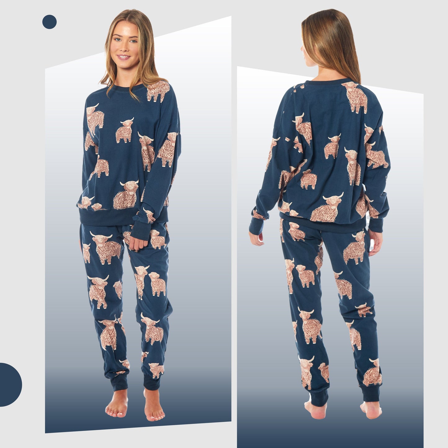 Women's Highland Cow Printed Soft Fleece Pyjama Set Long Sleeve Animal Warm PJs Loungewear Sleepwear for Ladies by Daisy Dreamer