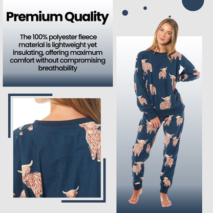 Women's Highland Cow Printed Soft Fleece Pyjama Set Long Sleeve Animal Warm PJs Loungewear Sleepwear for Ladies by Daisy Dreamer