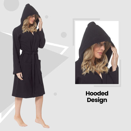 Women's Hooded Waffle Cotton Bathrobe Black Super Absorbent Spa Dressing Gown for Home Lounge & Travel by Daisy Dreamer