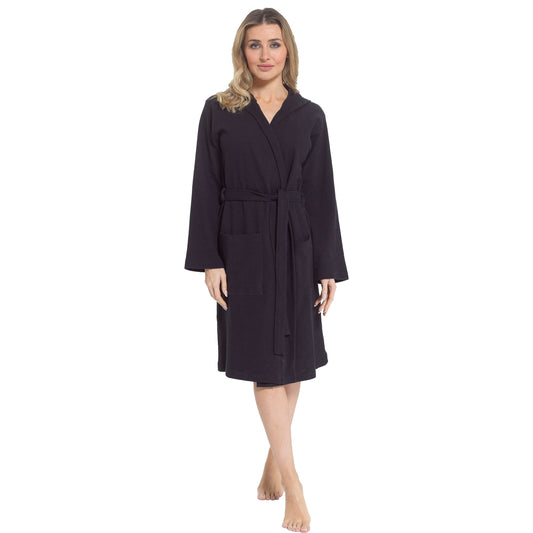 Women's Hooded Waffle Cotton Bathrobe Black Super Absorbent Spa Dressing Gown for Home Lounge & Travel by Daisy Dreamer