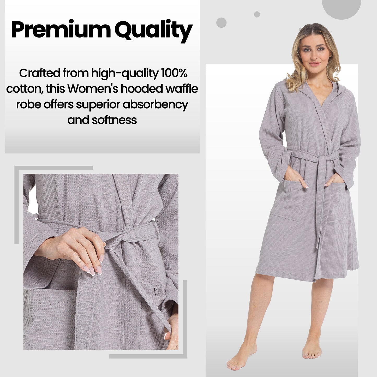 Women's Hooded Waffle Cotton Bathrobe Grey Super Absorbent Spa Dressing Gown for Home Lounge & Travel by Daisy Dreamer