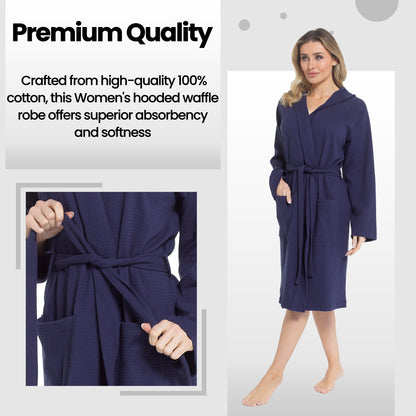 Women's Hooded Waffle Cotton Bathrobe Navy Super Absorbent Spa Dressing Gown for Home Lounge & Travel by Daisy Dreamer