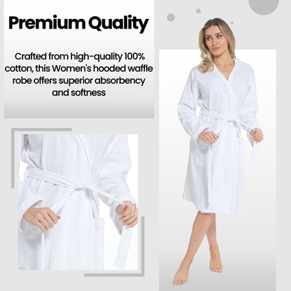 Women's Hooded Waffle Cotton Bathrobe White Super Absorbent Spa Dressing Gown for Home Lounge & Travel by Daisy Dreamer