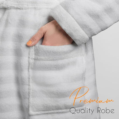 Women's Hydro Ribbed Ultra Soft 100% Cotton Hooded Bath Robes with Pockets and Belt Luxury Terry Towelling Loungewear Sleepwear in White and Grey by OLIVIA ROCCO