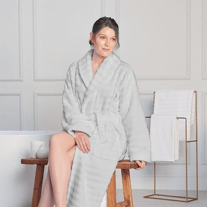 Women's Hydro Ribbed Ultra Soft 100% Cotton Hooded Bath Robes with Pockets and Belt Luxury Terry Towelling Loungewear Sleepwear in White and Grey by OLIVIA ROCCO