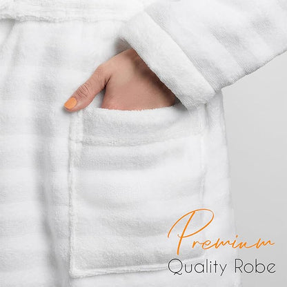 Women's Hydro Ribbed Ultra Soft 100% Cotton Hooded Bath Robes with Pockets and Belt Luxury Terry Towelling Loungewear Sleepwear in White and Grey by OLIVIA ROCCO