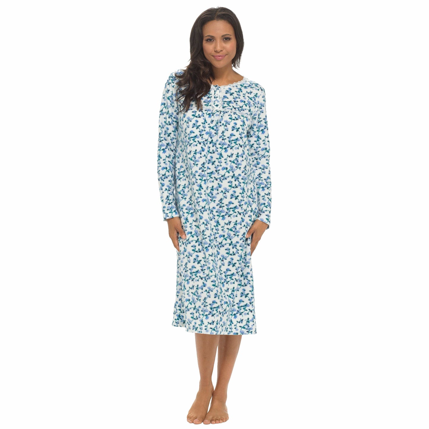 Women's Long Sleeve Fleece Nightdress Soft Warm Floral Print Sleepwear Cozy Winter Nightie Loungewear Available in Multiple Sizes By Daisy Dreamer