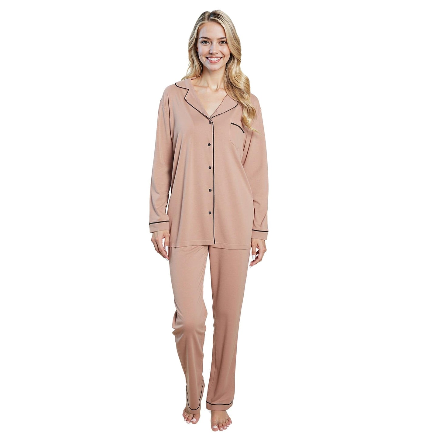 Women's Natural Pyjama Set Soft Touch Long Sleeve Button-Up Top & Bottoms Two-Piece Nightwear by Daisy Dreamer