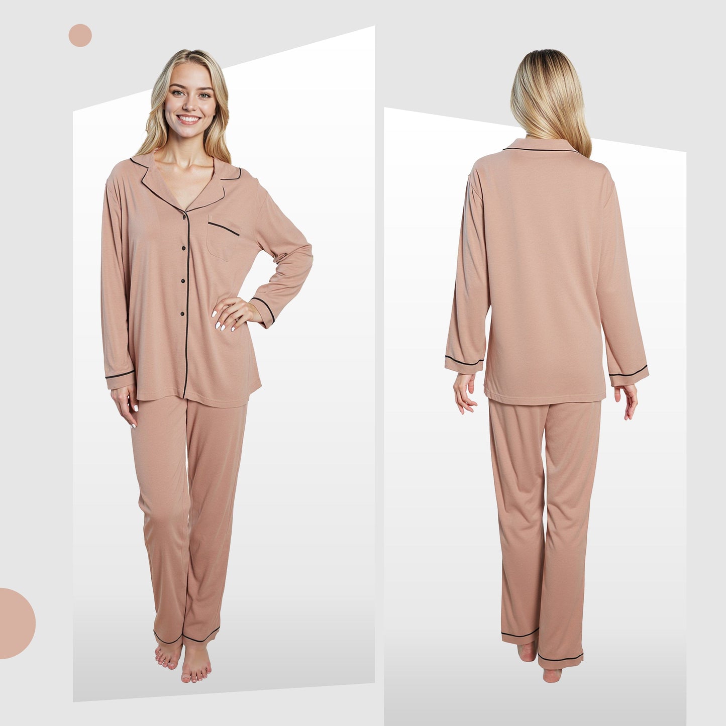 Women's Natural Pyjama Set Soft Touch Long Sleeve Button-Up Top & Bottoms Two-Piece Nightwear by Daisy Dreamer