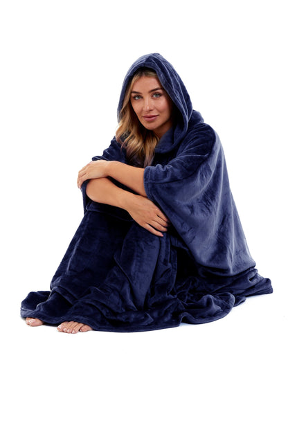 Women's Oversized Hooded Poncho Blanket Ultra-Soft Plush Fleece Giant Hoodie Sweatshirt Navy and Charcoal Lounge Wear with Double Front Pocket for Indoor and Outdoor Use by Daisy Dreamer